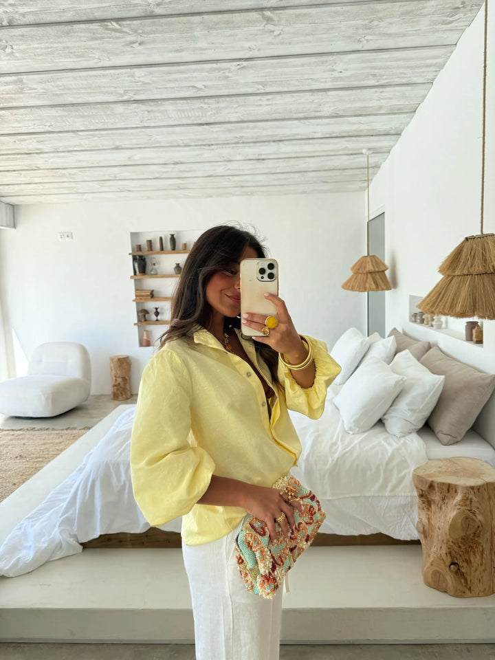 Balloon Sleeve Linen Blouse in Light Yellow