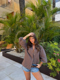 Balloon Sleeve Linen Blouse in Brown