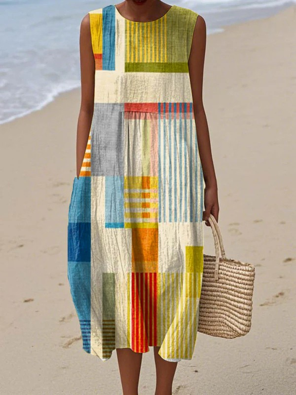 Serena - Blue and Terracotta Abstract Dress