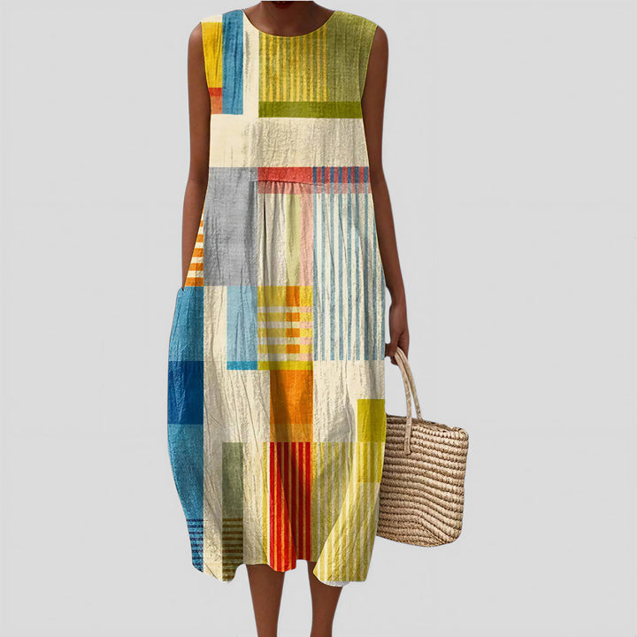Serena - Blue and Terracotta Abstract Dress